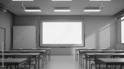 A classroom with a blank interactive digital board, side view, capturing educational technology, scifi tone, black and white