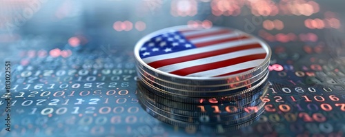 A closeup of a USA flag on a coin, front view, focusing on currency design, digital binary as object, Triadic Color Scheme