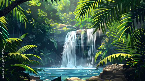 Hidden Waterfall in Rainforest  A Secluded Oasis of Serenity Captured in Flat Design   Illustration in Lush Tropical Foliage