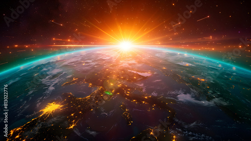 Spectacular digital representation of a sunrise illuminating Earth from space, showcasing city lights and atmospheric glow photo