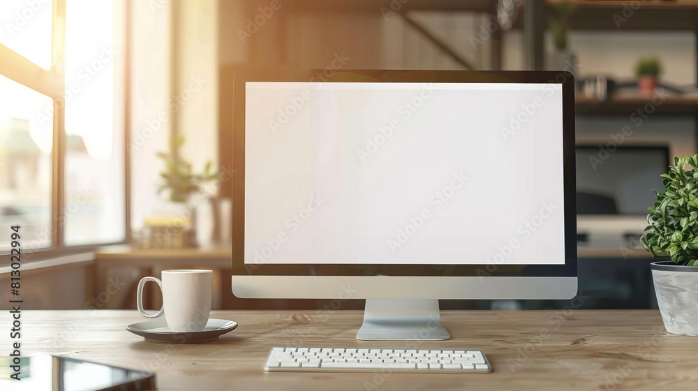 A home office with a blank computer screen, front view, showing remote work environment, advanced tone, colored pastel A home office with a blank computer screen, front view, showing remote work environment, advanced tone, colored pastel