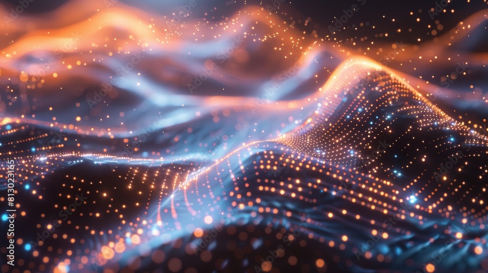 A captivating digital art piece illustrating mesmerizing waves flowing through a cosmic sea of glowing particles and vibrant light. A captivating digital art piece illustrating mesmerizing waves flowing through a cosmic sea of glowing particles and vibrant light.