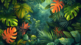 Lush Rainforest Undergrowth Flat Design Backdrop: A Vibrant Ecosystem of Tropical Plant Species, Illustration Concept