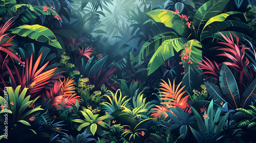 Lush Rainforest Undergrowth: A Diverse Ecosystem of Verdant Beauty   Flat Design Illustration of Tropical Flora and Fauna