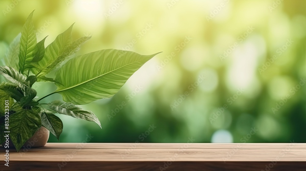 wood table green wall background with sunlight wood table green wall background with sunlight