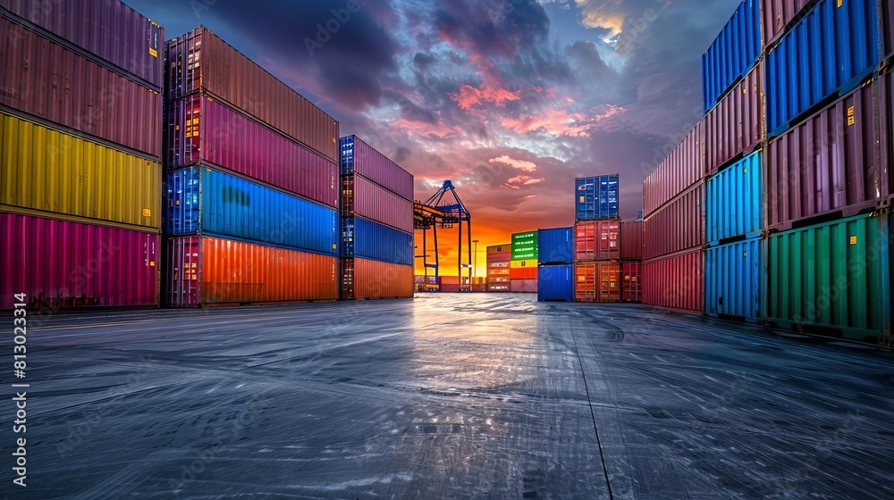 Fototapeta premium A shipping container terminal at dusk, side view, symbolizing global trade, digital tone, Complementary Color Scheme
