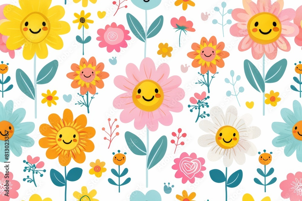 A colorful flower pattern with smiling faces on them