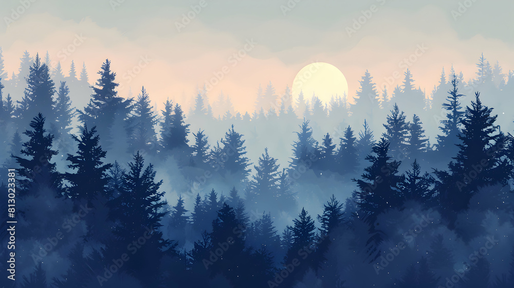 Obraz premium Misty Morning Enhancing the Mystical Aura of Old Growth Forest Flat Design Backdrop with Ancient Allure