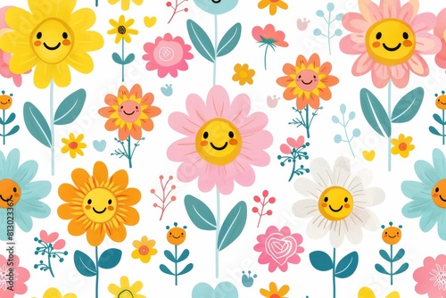A colorful flower pattern with smiling faces on them