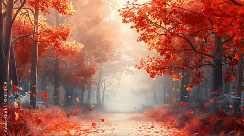 Misty Autumn Forest Path: A flat design backdrop inviting wanderers into a world of vibrant reds and oranges photo