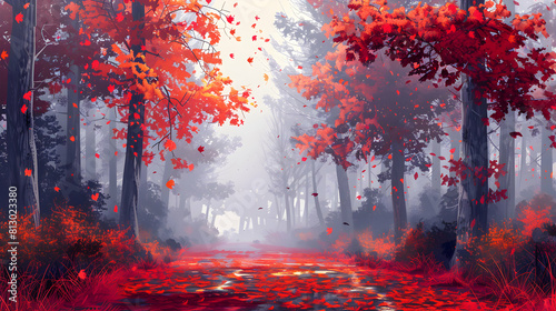 Misty Autumn Forest Path: A Vibrant Flat Design Backdrop Illustration of a Serene Path Through a Colorful Autumn Forest