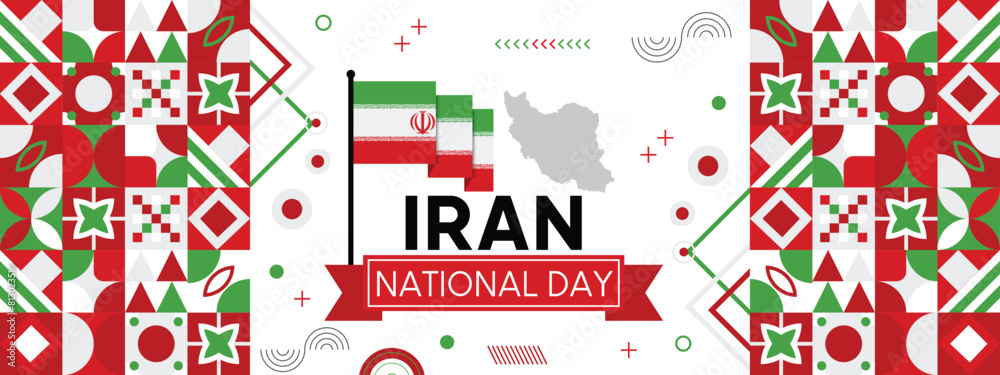 Iran national day banner with map, flag colors theme background and geometric abstract retro modern colorfull design Iran national day banner with map, flag colors theme background and geometric abstract retro modern colorfull design