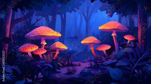 Night in the Tropical Rainforest: Flat Design Backdrop Illuminated by Bioluminescent Fungi, Revealing Mysterious and Vibrant Life at Nightfall