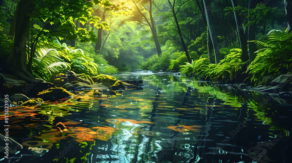 A Serene Stream Meanders Through Old Growth Forest, Reflecting Lush Vegetation Flat Design Backdrop Concept A Serene Stream Meanders Through Old Growth Forest, Reflecting Lush Vegetation Flat Design Backdrop Concept