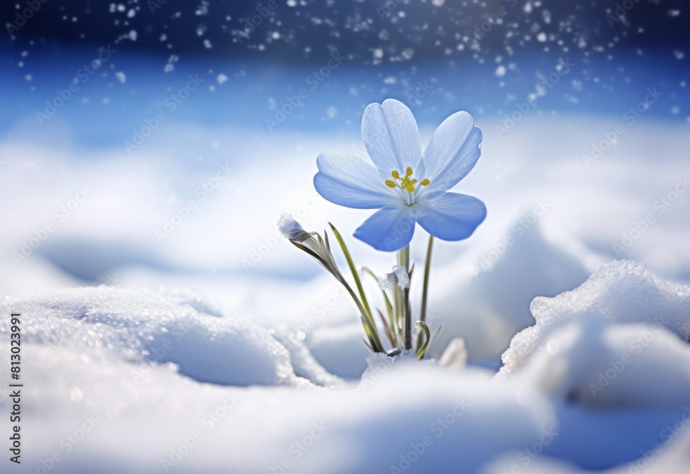 Light blue flowers blooming in winter when snow falls with blur background and copy space Light blue flowers blooming in winter when snow falls with blur background and copy space