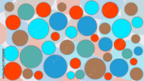 Playful abstract art with vibrant blue, orange, and brown circles on a light gradient background.