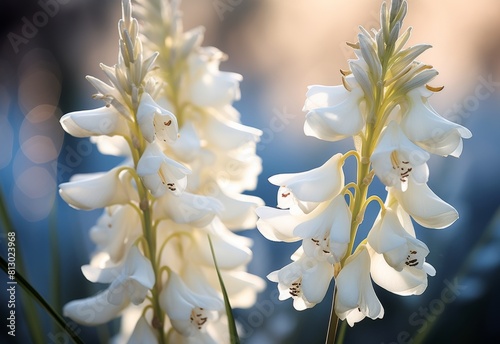 Groups of white Yucca flowers visible up close against a blurry background