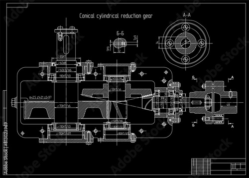 Assembly drawing of reducer.
Vector drawing of steel mechanical device with shaft, gear, 
electric engine, bolted connection and dimension lines. Engineering cad scheme. Technical template. 
