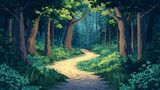 Enchanting Flat Design Backdrop: Path Through Old Growth Forest with Towering Ancient Trees   A Winding Path Leads Adventurers on an Epic Journey. Flat Illustration Concept.