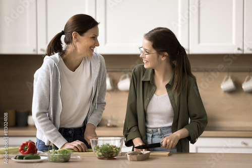 Cheerful mom and positive teenage daughter cooking dinner in home kitchen  preparing salad  slicing from fresh vegetables  talking  laughing  enjoying culinary hobby  family domestic activities