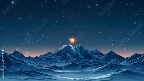 Flat Design Backdrop: Snow Capped Mountains Under Starry Skies A Breathtaking Nocturnal Landscape Where Snow Meets the Cosmos