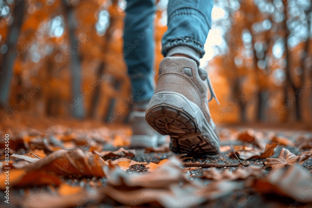 A person is walking through a forest with leaves on the ground A person is walking through a forest with leaves on the ground