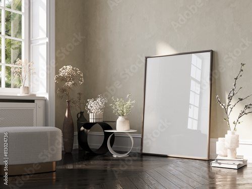 Cozy home interior with comfortable furniture on empty poster background, colored wall mock up, home decoration, 3d render.