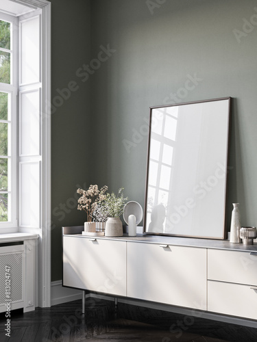 Cozy home interior with comfortable furniture on empty poster background, colored wall mock up, home decoration, 3d render.