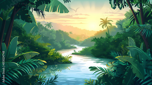 Rainforest River Journey: A Tropical Adventure in Flat Design Explore the Serene Beauty of a Meandering River in the Heart of a Lush Jungle Landscape