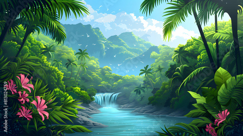 A River Journey Through the Heart of a Tropical Rainforest  Flat Design Backdrop Concept for Exploration and Adventure