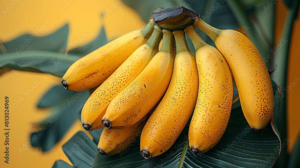 Branch of bananas on a pale yellow background. Branch of bananas on a pale yellow background.