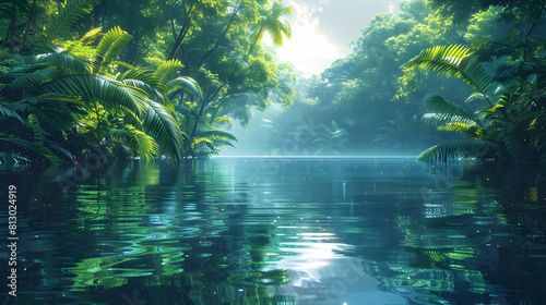 Tranquil Rainforest River Reflections  Serene Waters Reflecting the Intricate Web of Life in Flat Design Backdrop   Flat Illustration