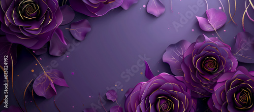 banner with background of purple or lilac flowers. fake flowers. Artificial purple or lilac roses