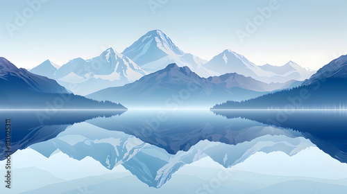 Tranquil Waters Reflecting Majestic Snow Capped Mountains in Perfect Symmetry Flat Design Backdrop Concept