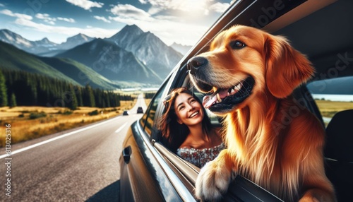 Golden retriever peers from a vintage car window, a woman beside, a scenic mountains backdrop. Road trip vibes abound photo