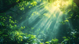 Enchanted Forest: Sunbeams Pierce Through Dense Foliage   Flat Design Backdrop with Play of Light and Shadow