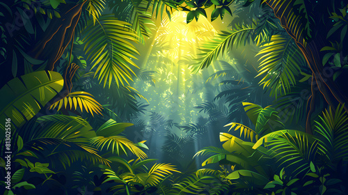 Flat Design Backdrop: Sunbeams in Dense Woodland Sunbeams Piercing Through Foliage of Old Growth Forest, Play of Light and Shadow Flat Illustration