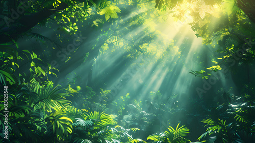 Enchanted Forest  Sunbeams Pierce Through Dense Foliage   Flat Design Backdrop with Play of Light and Shadow