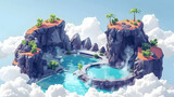 Flat Design Backdrop: Thermal Pools in Volcanic Setting   The Ultimate Natural Spa Experience in Isometric Illustration Scene
