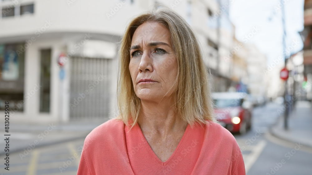 Mature blonde woman in thoughtful expression walking on urban street with cars in background.