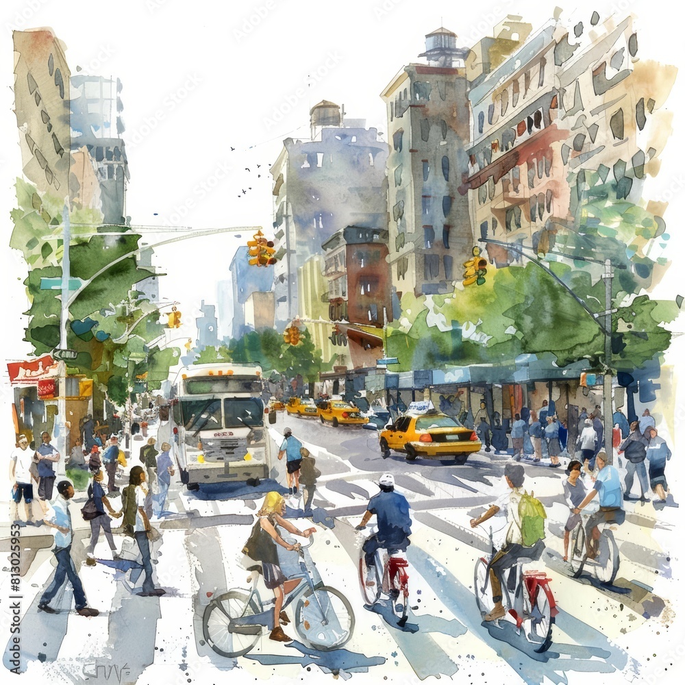 Obraz premium A beautiful watercolor of a bustling city intersection, complete with pedestrians and cyclists, captured on an isolated white background