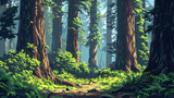 Towering Giants of the Forest   A Flat Design Backdrop Featuring Towering Old Growth Trees Dominating the Landscape, Their Massive Trunks Echoing Stories of Centuries Past   Flat I