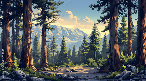 Towering Giants of the Forest: Flat Design Backdrop Depicting Towering Old Growth Trees with Massive Trunks Telling Stories of Centuries Past   Flat Illustration Concept photo