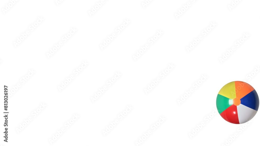 Animated beach ball bounces left to right on the screen on a transparent background. Animated beach ball hits ground and bounces beautifully against the alpha transparent background.