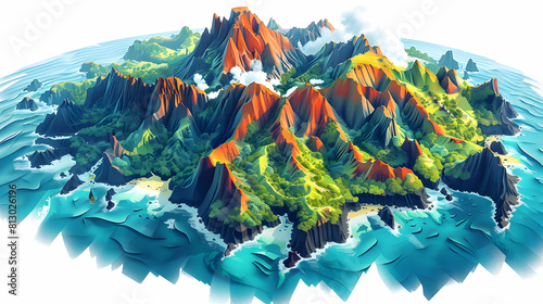 Aerial View of Volcanic Archipelago: Diverse Formations  Vibrant Life in Isometric Scene   Flat Design Backdrop Illustration photo