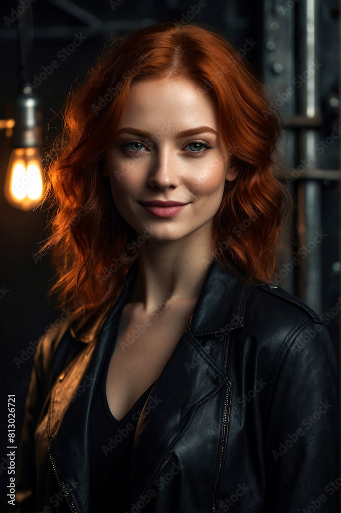 Happy young redhead cover lady model in black posing in dark industrial room, smiling looking at camera. Pretty woman actress in industry premises. Fashionable stylish concept. Copy ad text space