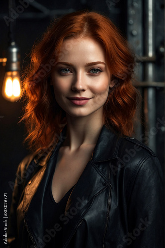 Happy young redhead cover lady model in black posing in dark industrial room, smiling looking at camera. Pretty woman actress in industry premises. Fashionable stylish concept. Copy ad text space © Alex Vog
