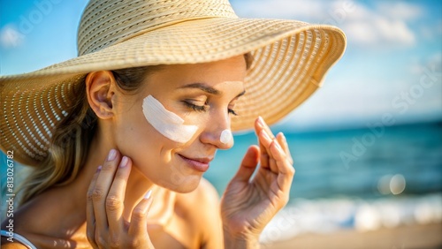 Sun Protection and Anti-Aging: An image featuring a person applying sunscreen or anti-aging skincare products, emphasizing the importance of sun protection and skincare routines for maintaining youth	 photo