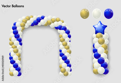Garlands of balloons. Golden white black colors balloons line and arch. Arch of balloons. Gold black white balloon set. Vector objects on transparent background