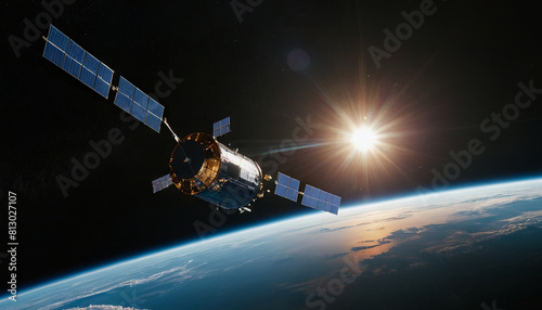 A satellite floating in space  orbiting the Earth and collecting data for scientific research and communications